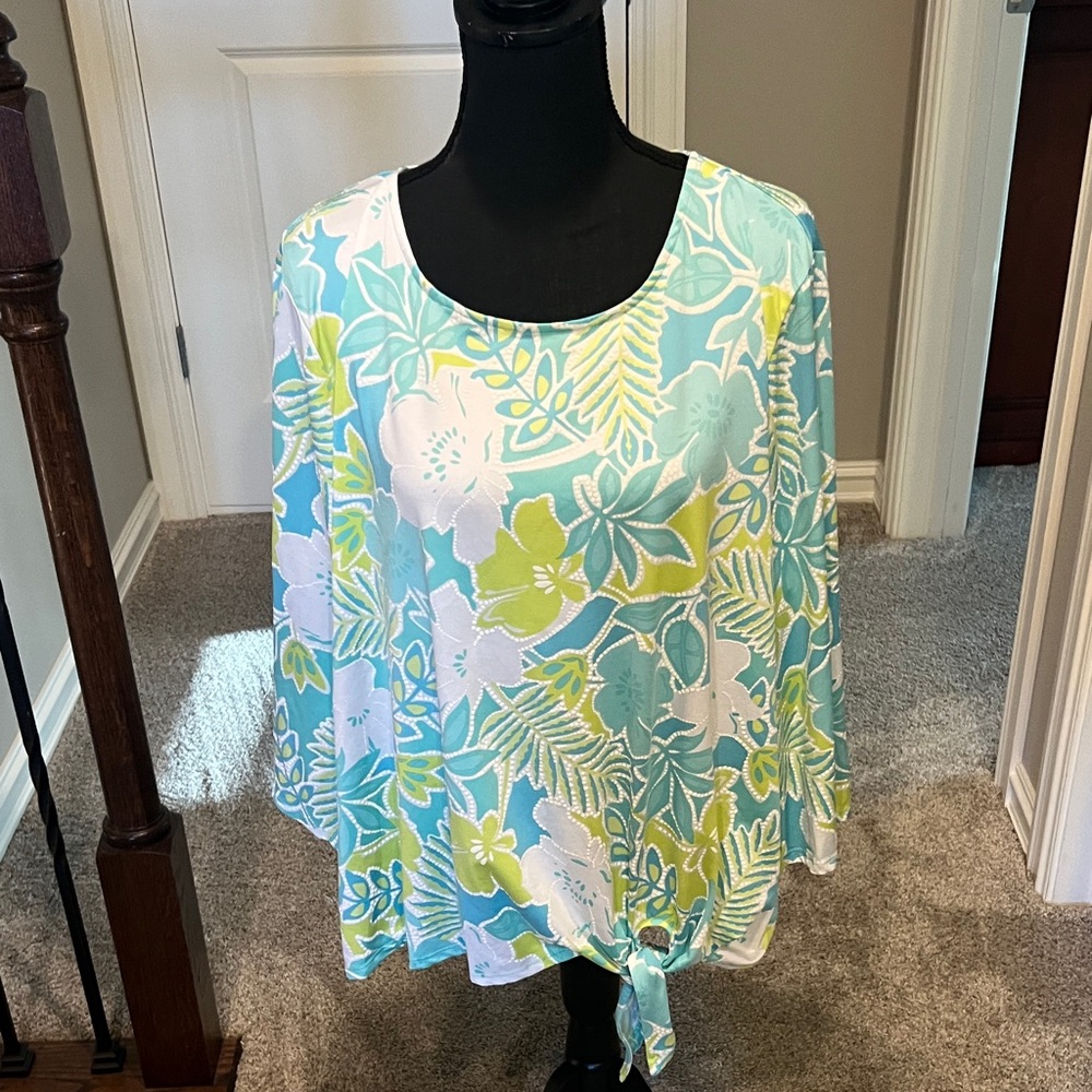 Ruby Rd. Aqua, Lime & White Floral Tie-Front Blouse